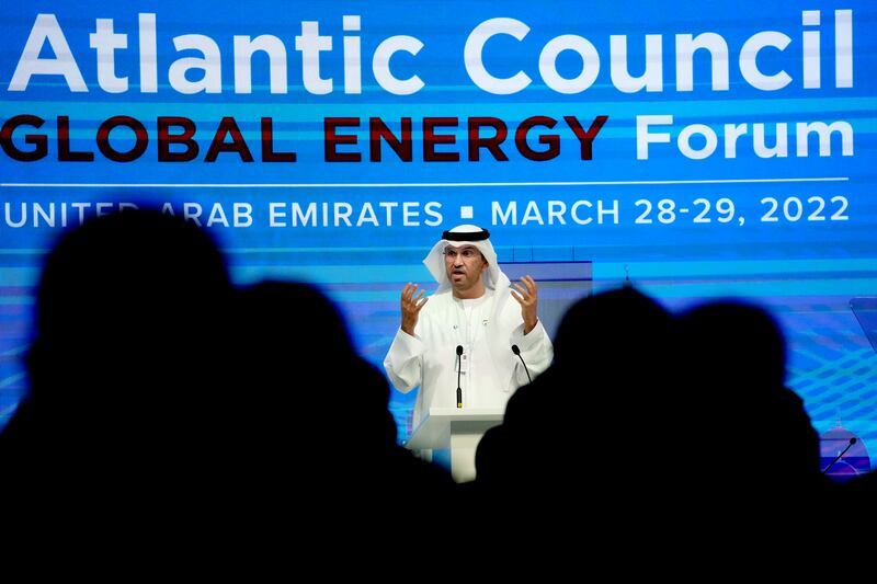 Dr Sultan Al Jaber, the UAE's Minister of Industry and Advanced Technology, addresses the forum on Monday. He called for countries to take a measures approach to replacing traditional fuels or risk energy poverty. AP