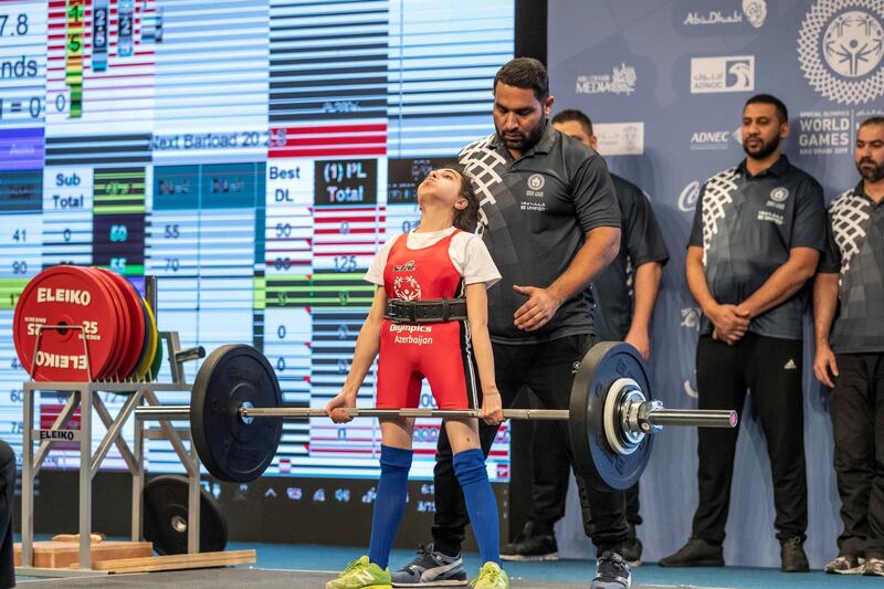 ABU DHABI, UNITED ARAB EMIRATES. 15 MARCH 2019. Special Olympics action at ADNEC. Aytaj Samadova, Azerbaijan, at powerlifting. (Photo: Antonie Robertson/The National) Journalist: None: National.