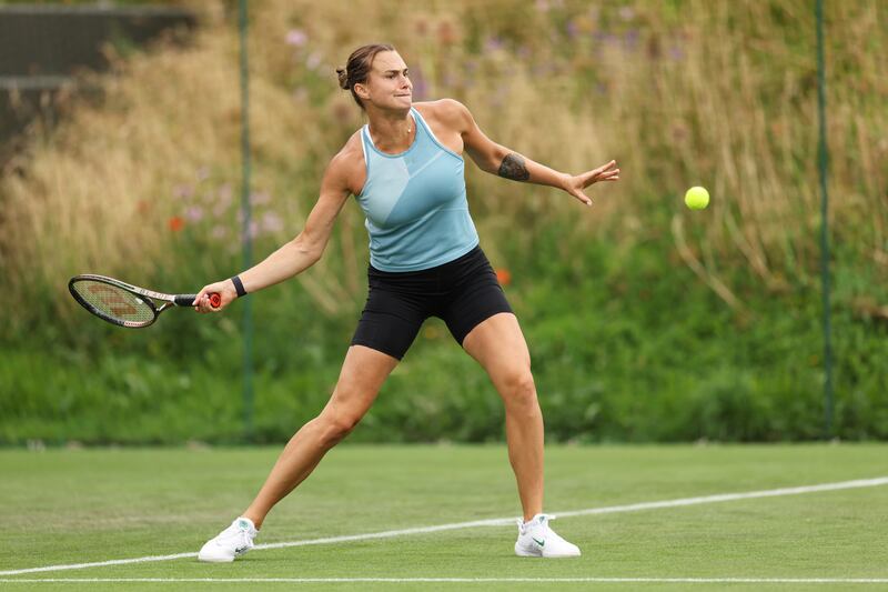 World No 2 Aryna Sabalenka practises ahead of Wimbledon. Getty