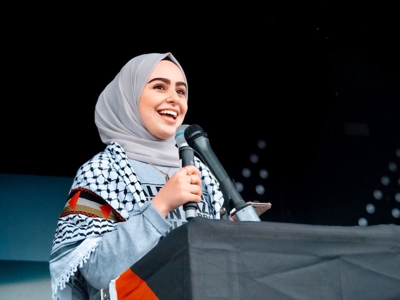 Leanne Mohamad in a Palestinian keffiyeh. Photo: Redbridge Community Action Group