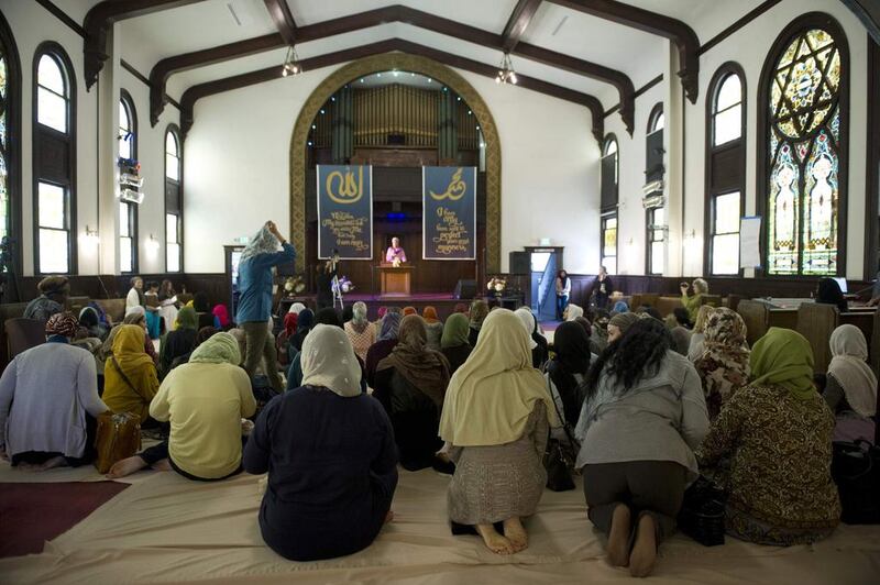 Muslim women kneel for the inaugural prayer service at the Women's Mosque of America in downtown Los Angeles, California on January 30, 2015. Lori Shepler/Reuters