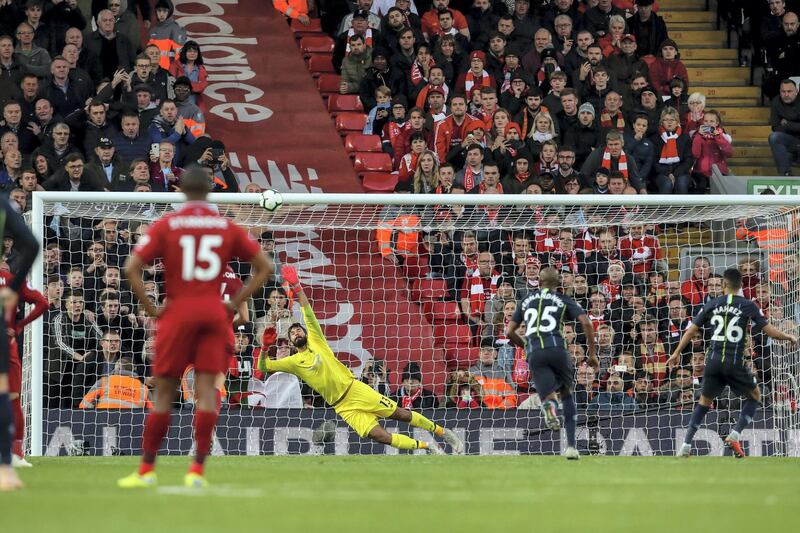 LIVERPOOL, ENGLAND - OCTOBER 07: Riyad Mahrez of Manchester City misses a penalty  during the Premier League match between Liverpool FC and Manchester City at Anfield on October 7, 2018 in Liverpool, United Kingdom. (Photo by Robbie Jay Barratt - AMA/Getty Images)