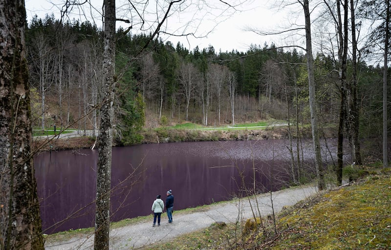 Tourists from Switzerland look at the purple-coloured water of the Gipsbruchweiher pond in Fuessen, southern Germany. AFP