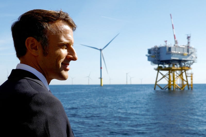 French President Emmanuel Macron took a boat ride to visit the Saint-Nazaire offshore wind farm. AFP