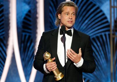 77th Golden Globe Awards - Show - Beverly Hills, California, U.S., January 5, 2020 - Brad Pitt accepts the award for Best Supporting Actor - Motion Picture for "Once Upon A Time...In Hollywood."    Paul Drinkwater/NBC Universal/Handout via REUTERS For editorial use only. Additional clearance required for commercial or promotional use, contact your local office for assistance. Any commercial or promotional use of NBCUniversal content requires NBCUniversal's prior written consent. No book publishing without prior approval. NO SALES. NO ARCHIVES.