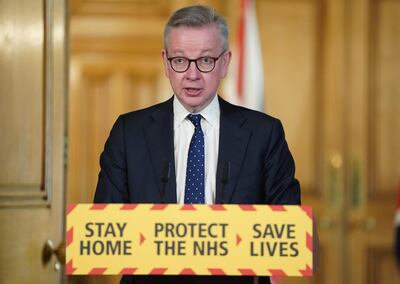 A handout image released by 10 Downing Street, shows Britain's Chancellor of the Duchy of Lancaster Michael Gove speaking during a remote press conference to update the nation on the Covid-19 pandemic, inside 10 Downing Street in central London on April 4, 2020. RESTRICTED TO EDITORIAL USE - MANDATORY CREDIT "AFP PHOTO / 10 DOWNING STREET / PIPPA FOWLES" - NO MARKETING - NO ADVERTISING CAMPAIGNS - DISTRIBUTED AS A SERVICE TO CLIENTS
 / AFP / 10 Downing Street / Pippa FOWLES / RESTRICTED TO EDITORIAL USE - MANDATORY CREDIT "AFP PHOTO / 10 DOWNING STREET / PIPPA FOWLES" - NO MARKETING - NO ADVERTISING CAMPAIGNS - DISTRIBUTED AS A SERVICE TO CLIENTS
