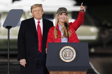 US President Donald Trump (L) and Republican US Senator from Georgia Kelly Loeffler (R) speak during a campaign rally in Dalton, Georgia, January 4, 2021. EPA/ERIK S. LESSER