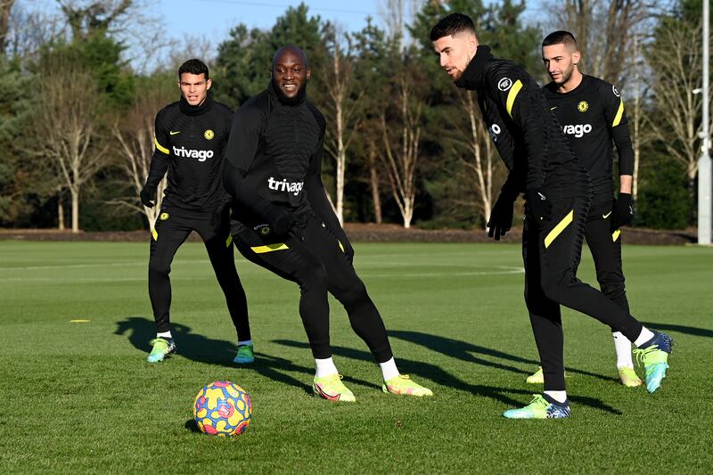Thiago Silva, Romelu Lukaku, Jorginho and Hakim Ziyech of Chelsea during a training session  in Cobham ahead of the Premier League game against Manchester City. All photos by Getty Images