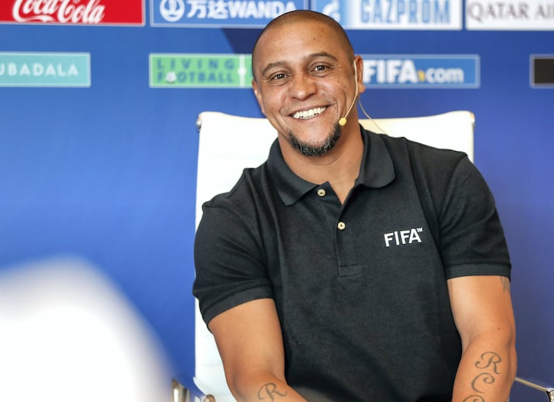 Abu Dhabi, U.A.E., October 13, 2018.  FIFA Club World Cup UAE 2018 press conference by former Brazilian and Real Madrid star Roberto Carlos. 
Victor Besa / The National
Section:  SP
Reporter:  Amith Passela