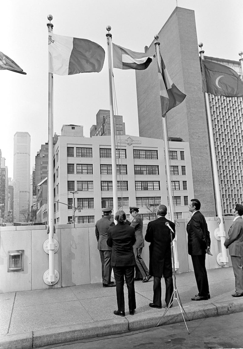 HISTORY PROJECT 2010
 The UAE flag being raised for the first time at the UN on Dec 9, 1971
Courtesy of UN Photo

EDS NOTE** PLEASE TALK TO KAREN OR BRIAN ABOUT USE OF THIS PIC*** 