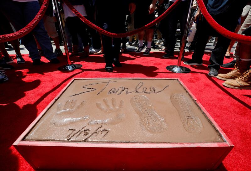 The handprints, footprints and signature in cement of Marvel Comics co-creator Stan Lee during a ceremony in the forecourt of the TCL Chinese theatre. Mario Anzuoni / Reuters