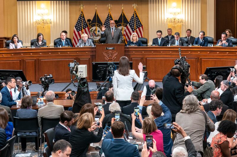 Cassidy Hutchinson being sworn in during the sixth public hearing by the House Select Committee to Investigate the January 6th Attack on the US Capitol, in Washington, on June 28. EPA