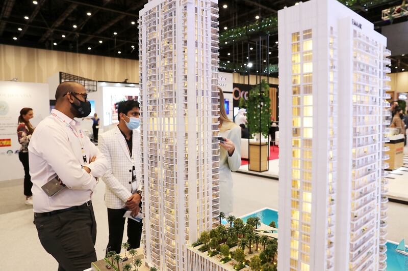 Model of the Emaar Beachfront towers project at the Stage Properties stand on the last day of Cityscape Global held at Dubai Exhibition Centre in Dubai last year. Pawan Singh / The National