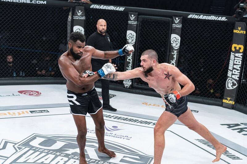 Mohammad Osseili (right) on the offensive against Samir Zaidi in the UAE Warriors 19 Arabia 3 at the Jiu-Jitsu Arena. Courtesy UAE Warriors