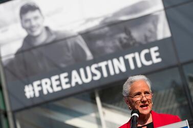 Debra Tice speaks about her son Austin Tice during the unveiling of a new banner calling for his release at the Newseum in Washington, DC. AFP