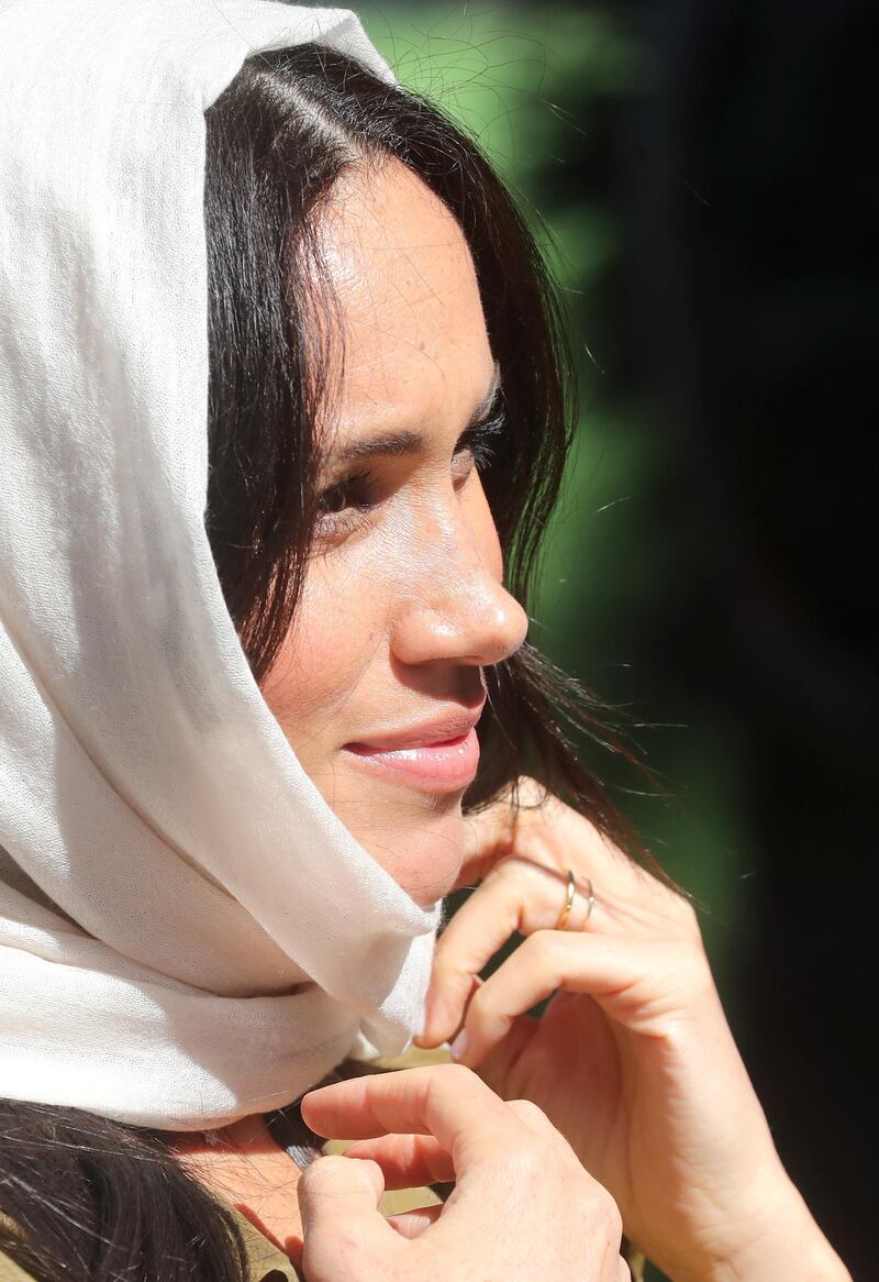 Meghan, Duchess of Sussex wore a cream headscarf for the visit. Getty Images