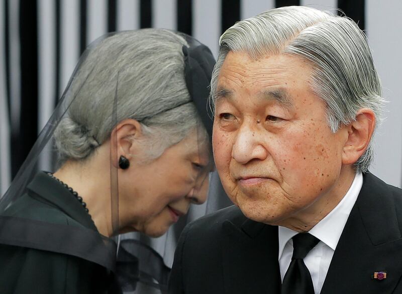 FILE - In this June 19, 2012 file photo, Emperor Akihito and Empress Michiko leave after praying at the altar of the late Prince Tomohito, in Tokyo.  Japan's Prime Minister Shinzo Abe said Emperor Akihito plans to abdicate on April 30, 2019, in the first such abdication in about 200 years.  The emperor will be 85 by then and has cited his age as a concern. Akihito's elder son Crown Prince Naruhito will ascend the throne a day later, on May 1, 2019, beginning a new era. (AP Photo/Itsuo Inouye, File)