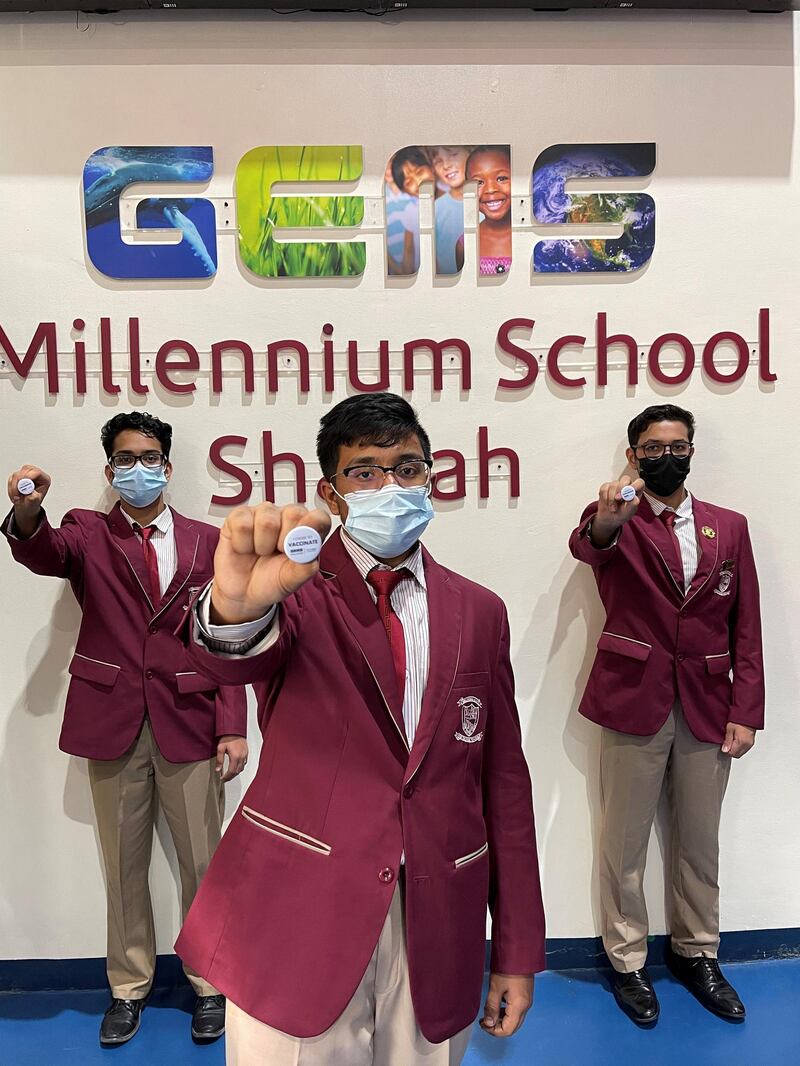 Ahmik Pawanarkar, Anulome Kishore and Abhimanyu Das (at front) are pupils at Gems Millenium School Sharjah who took the vaccine.