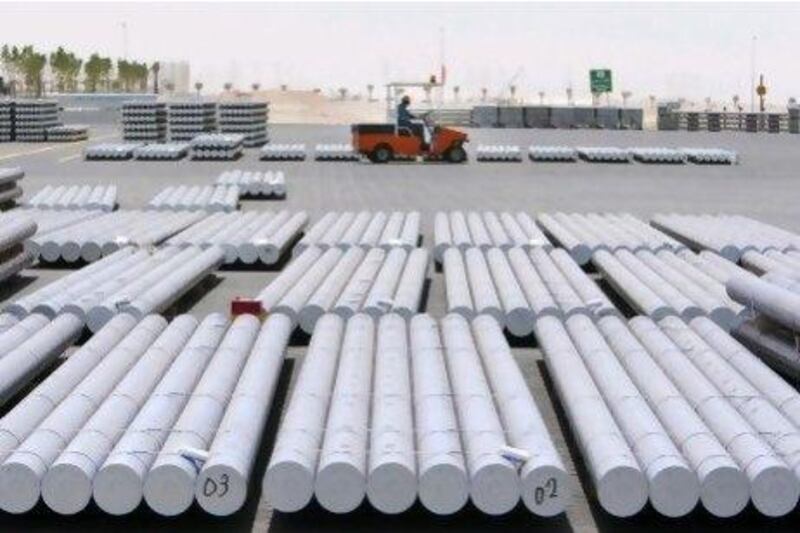 Aluminium bars ars stacked at the Emal smelter in Al Taweelah.