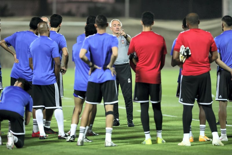 UAE national team manager Bert van Marwijk takes a training session before the game between the UAE and Malaysia in the World cup qualifiers at the Zabeel Stadium, Dubai on June 2nd, 2021. Chris Whiteoak / The National. 
Reporter: John McAuley for Sport