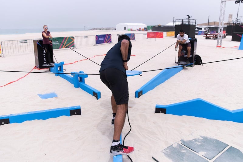 DUBAI, UNITED ARAB EMIRATES - April 1 2019.

The Weakest Link obstacle at the Gov Games site on Kite Beach.

 (Photo by Reem Mohammed/The National)

Reporter: 
Section:  NA