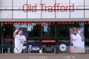 MANCHESTER, ENGLAND - SEPTEMBER 09: Pictures of England bowler James Anderson (l) and India captain Virat Kohli adorn the entrance to the old pavilion ahead of the 5th and final test match against India at Old Trafford on September 09, 2021 in Manchester, England. (Photo by Stu Forster / Getty Images)