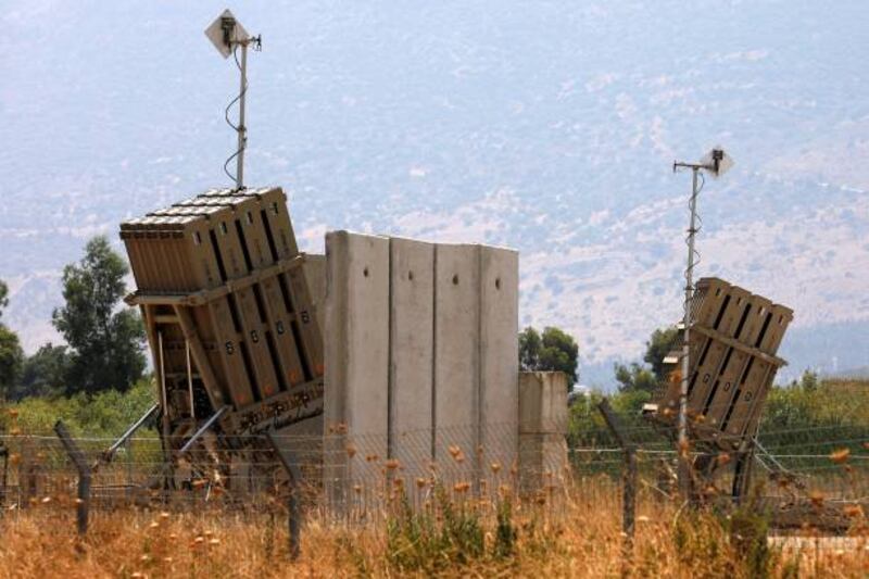 An Iron Dome defence system battery, designed to intercept and destroy incoming short-range rockets and artillery shells in the Hula Valley, northern Israel.