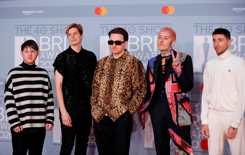 British band Bring Me the Horizon arrive at the Brit Awards 2020 at The O2 Arena on Tuesday, February 18, 2020 in London, England. AFP