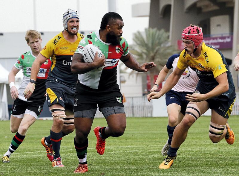 Abu Dhabi, March, 22, 2019: Abu Dhabi Harlequins v Dubai Hurricanes in action during the UAE Premiership semifinal at the Zayed Sports City in Abu Dhabi. Satish Kumar/ For the National / Story by Paul Radley