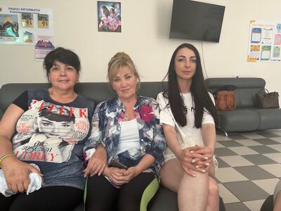 Tatiana Chirova, left, and her friend Ludmila, centre, are among the many women who fled Ukraine for neighbouring Moldova. Sunniva Rose / The National
