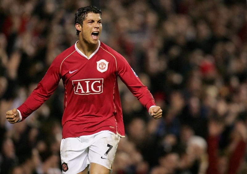MANCHESTER, ENGLAND - DECEMBER 30: Cristiano Ronaldo of Manchester United celebrates scoring the fourth goal during the Barclays Premiership match between Manchester United and Reading at Old Trafford on December 30 2006 in Manchester, England. (Photo by Matthew Peters/Manchester United via Getty Images)