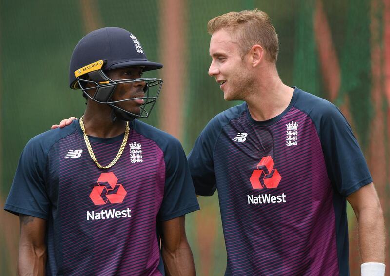 PRETORIA, SOUTH AFRICA - DECEMBER 23: England bowlers Jofra Archer (l) and Stuart Broad chat during an England nets session ahead of the First Test Match against South Africa at SuperSport Park on December 23, 2019 in Pretoria, South Africa. (Photo by Stu Forster/Getty Images)