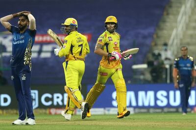 Faf du Plessis of Chennai Superkings and MS Dhoni captain of Chennai Superkings  takes a run during match 1 of season 13 of the Dream 11 Indian Premier League (IPL) between the Mumbai Indians and the Chennai Superkings held at the Sheikh Zayed Stadium, Abu Dhabi in the United Arab Emirates on the 19th September 2020.  Photo by: Vipin Pawar  / Sportzpics for BCCI