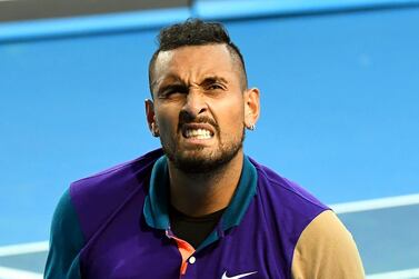 epa08983492 Nick Kyrgios of Australia reacts after refusing to play following a time violation during his second round match against compatriot Harry Bourchier at the Murray River Open - ATP 250 tennis tournament at Melbourne Park in Melbourne, Australia, 03 February 2021. EPA/DAVE HUNT AUSTRALIA AND NEW ZEALAND OUT