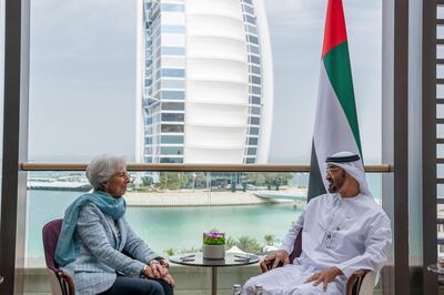 JUMEIRAH, DUBAI, UNITED ARAB EMIRATES - February 10, 2019: HH Sheikh Mohamed bin Zayed Al Nahyan Crown Prince of Abu Dhabi Deputy Supreme Commander of the UAE Armed Forces (R), meets with Christine Lagarde, Managing Director of International Monetary Fund (L), during the 2019 World Government Summit.
( Ryan Carter for the Ministry of Presidential Affairs )
---