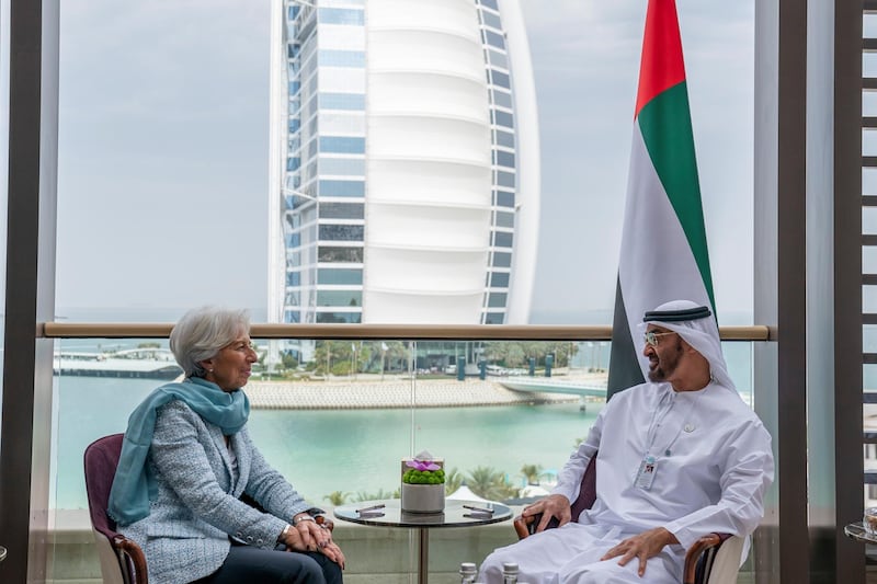 JUMEIRAH, DUBAI, UNITED ARAB EMIRATES - February 10, 2019: HH Sheikh Mohamed bin Zayed Al Nahyan Crown Prince of Abu Dhabi Deputy Supreme Commander of the UAE Armed Forces (R), meets with Christine Lagarde, Managing Director of International Monetary Fund (L), during the 2019 World Government Summit.
( Ryan Carter for the Ministry of Presidential Affairs )
---