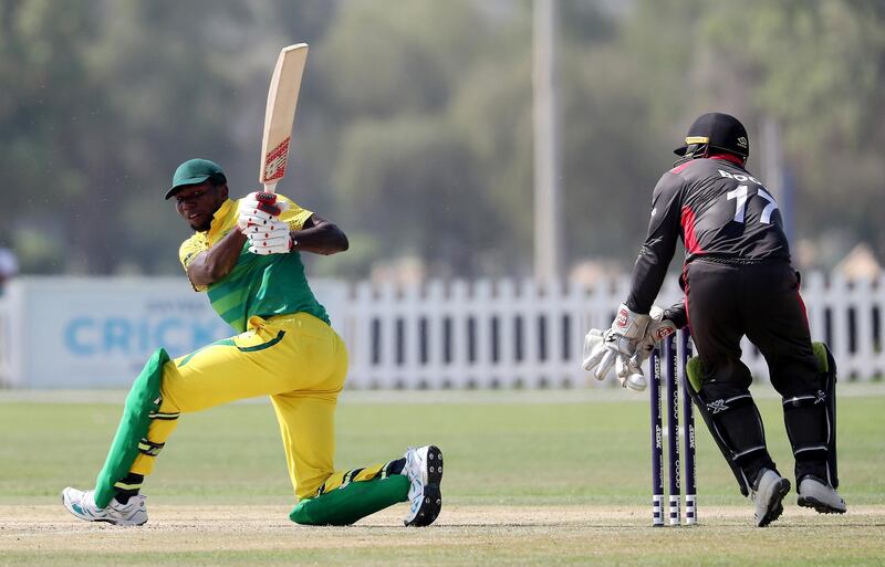 ABU DHABI , UNITED ARAB EMIRATES , October 24  – 2019 :- Chimezie Nnamdi Onwuzulike of Nigeria playing a shot during the World Cup T20 Qualifiers between UAE vs Nigeria held at Tolerance Oval cricket ground in Abu Dhabi. UAE won the match by 5 wickets.  ( Pawan Singh / The National )  For Sports. Story by Paul