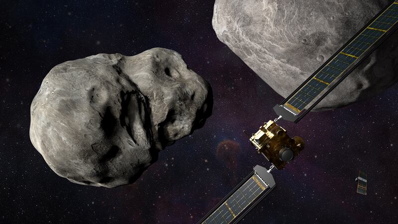 A rendering of the DART spacecraft and the asteroid binary system it is targeting. Photo: NASA / JOHNS HOPKINS APL 