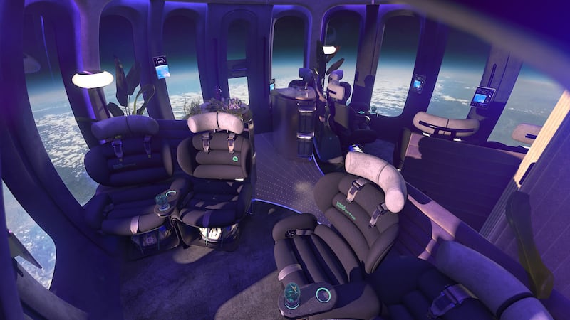 The world's first space lounges have 1.5-metre-high panoramic windows and interactive information screens. Photo: Space Perspective