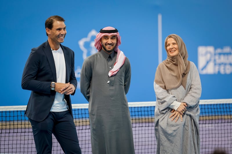 Rafael Nadal alongside Prince Abdulaziz bin Turki al Said, Minister of Sports, and Saudi Tennis Federation President Arij Mutabagani during his recent visit to Riyadh for a coaching clinic. All photos: Saudi Tennis Federation