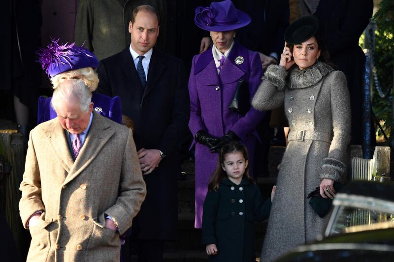 From left: Britain's Prince Charles, Prince of Wales, Britain's Prince William, Duke of Cambridge, Britain's Princess Anne, Princess Royal, Britain's Princess Charlotte of Cambridge and Britain's Catherine, Duchess of Cambridge, leave after the Royal Family's traditional Christmas Day service at St Mary Magdalene Church. AFP