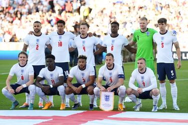 WOLVERHAMPTON, ENGLAND - JUNE 14: England players pose for a team photo prior to the UEFA Nations League League A Group 3 match between England and Hungary at Molineux on June 14, 2022 in Wolverhampton, England. (Photo by Shaun Botterill / Getty Images)