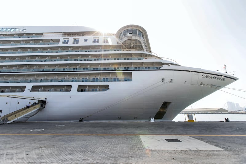 Abu Dhabi, United Arab Emirates, October 23, 2017:    The Seabourn Encore ship docks at the cruise terminal in the Mina Zayed area of Abu Dhabi on October 23, 2017. Christopher Pike / The National

Reporter: John Dennehy
Section: News