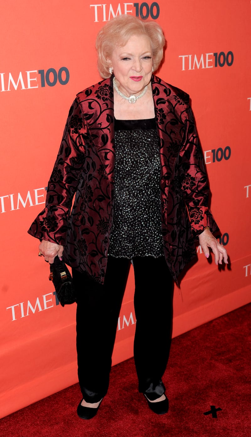 Betty White, in a black and red silk jacket and sequinned top, arrives for the Time 100 gala in New York City on May 4, 2010. EPA