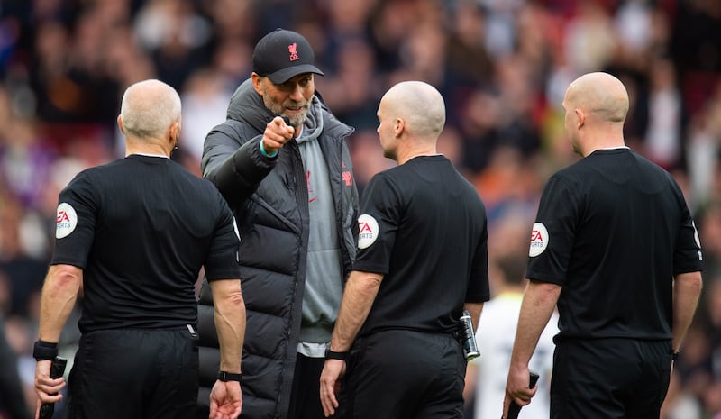 Jurgen Klopp confronts the match officials after Premier League match between Liverpool and Tottenham Hotspur. EPA