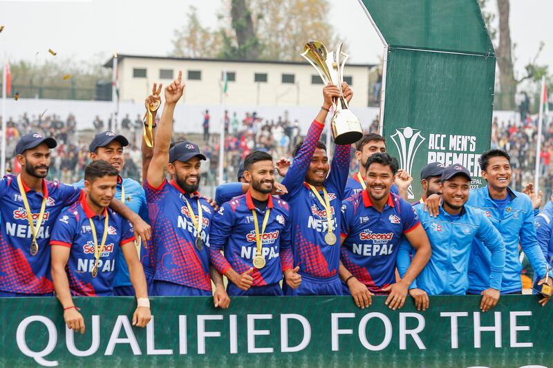 Champions Nepal with the trophy after winning the final of the ACC Men’s Premier Cup 2023 against the UAE at Tribhuvan University International Cricket Ground in Kathmandu on May 2, 2023. All photos: Asian Cricket Council