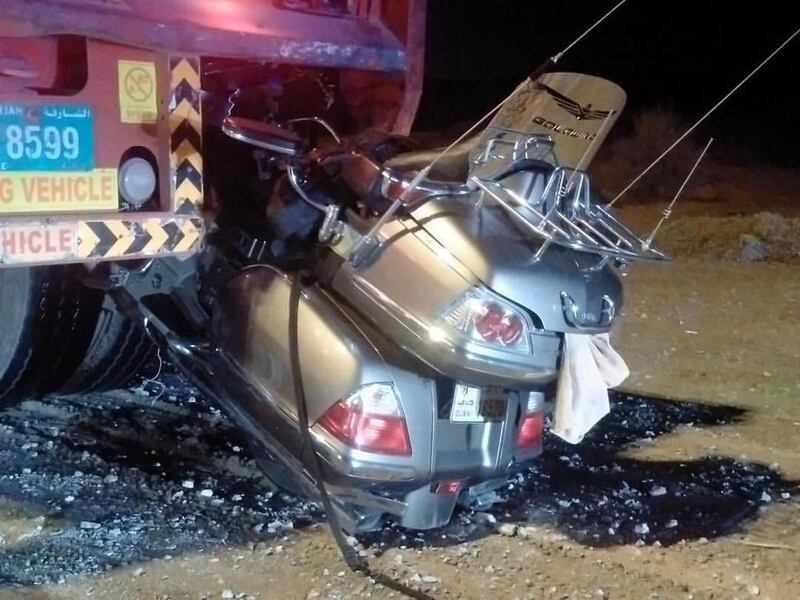 An Emirati motorcycle rider was killed when he crashed into a lorry on Sheikh Zayed Road on Saturday. Courtesy UAQ Police