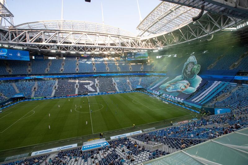 The final look of the Covid-19 tifo during the Russian Premier League match between Zenit and  Krylia Sovetov Samara. EPA