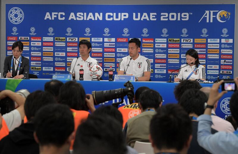Japan's player Maya Yoshida, second right, with head coach Hajime Moriyasu, second left, attend the pre-match press conference ahead of the AFC Asian Cup final match against Qatar at the Zayed Sports City Stadium in Abu Dhabi. While Japan have the Asian Cup pedigree, Qatar's over-achieving players might just feel that their name is on the trophy after a record-breaking run to their first-ever final.  AFP