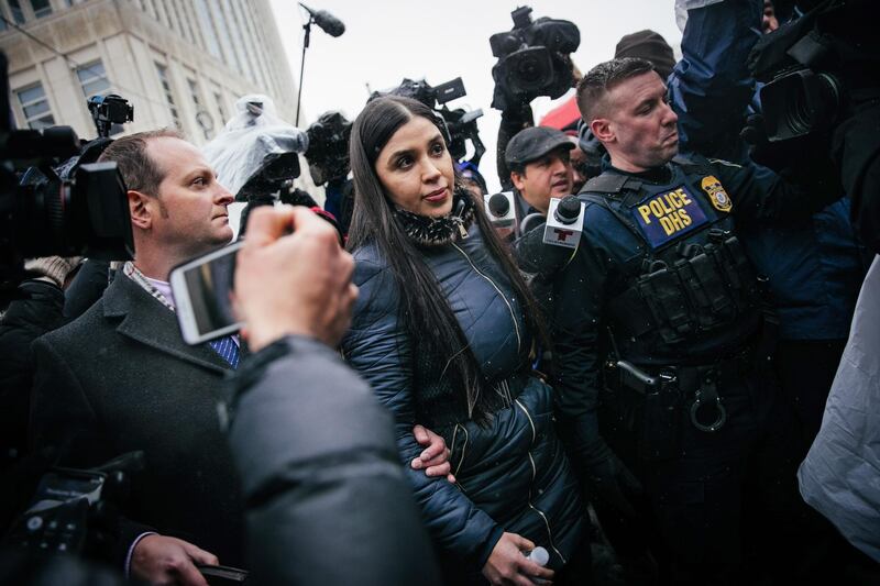 Emma Coronel Aispuro leaves the building after a verdict was reached in the trial of her husband El Chapo. EPA